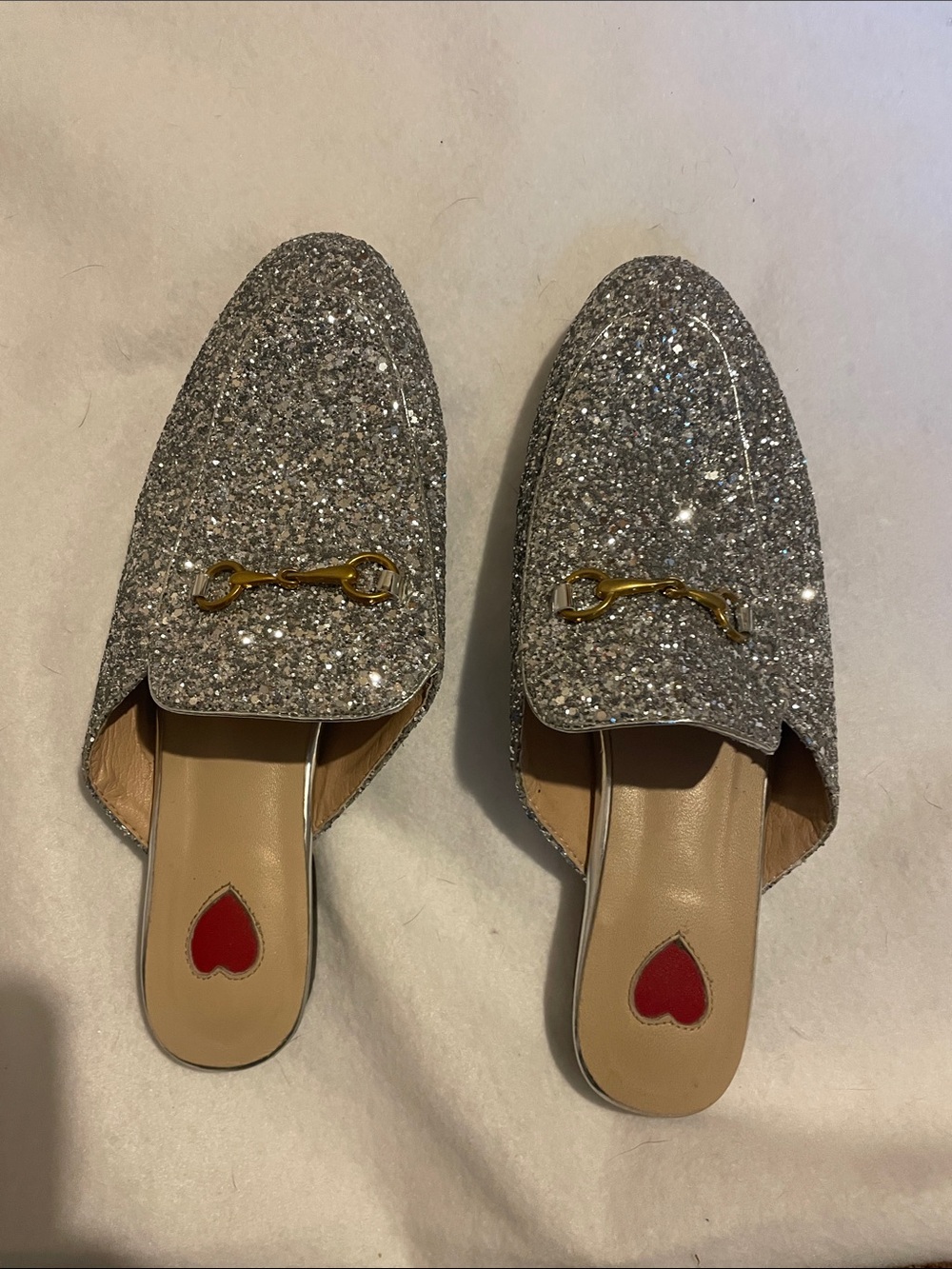 Silver Glitter Slip-On Mules with Gold Bit Accent